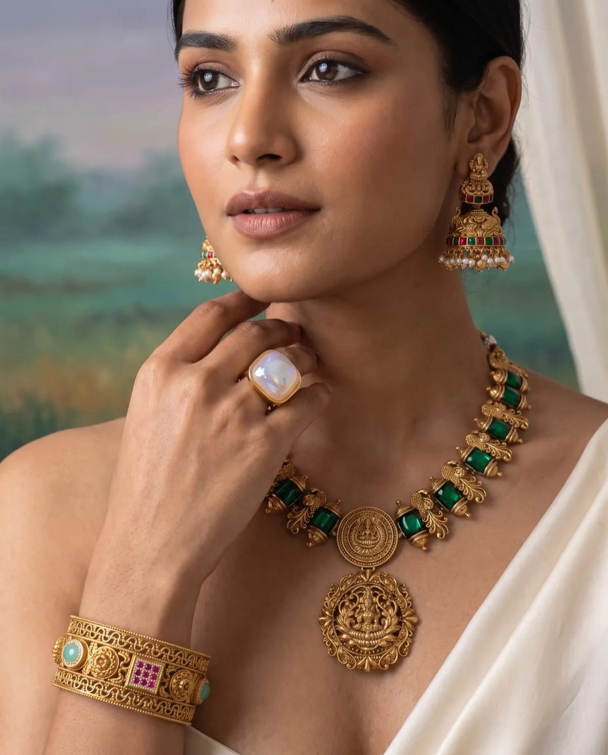Model wearing an antique temple necklace, jhumkas, a ring and a cuff