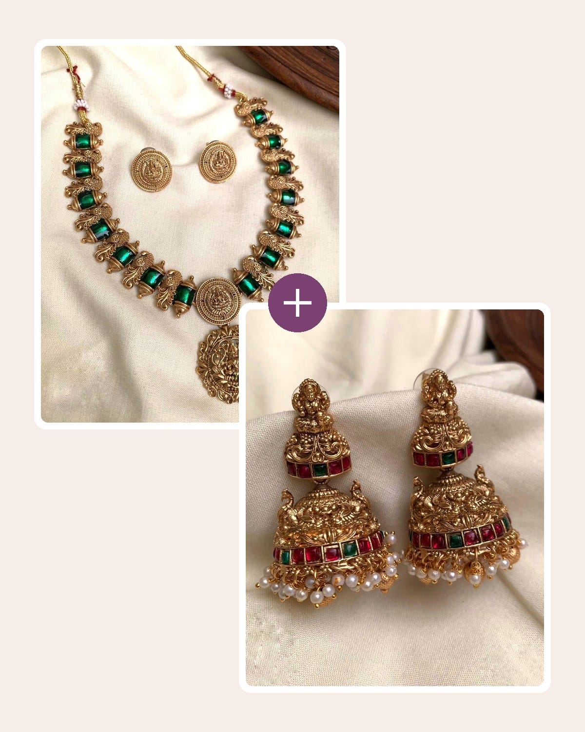 Festive Pair: Peacock Lakshmi Necklace & Kemp Jhumkas