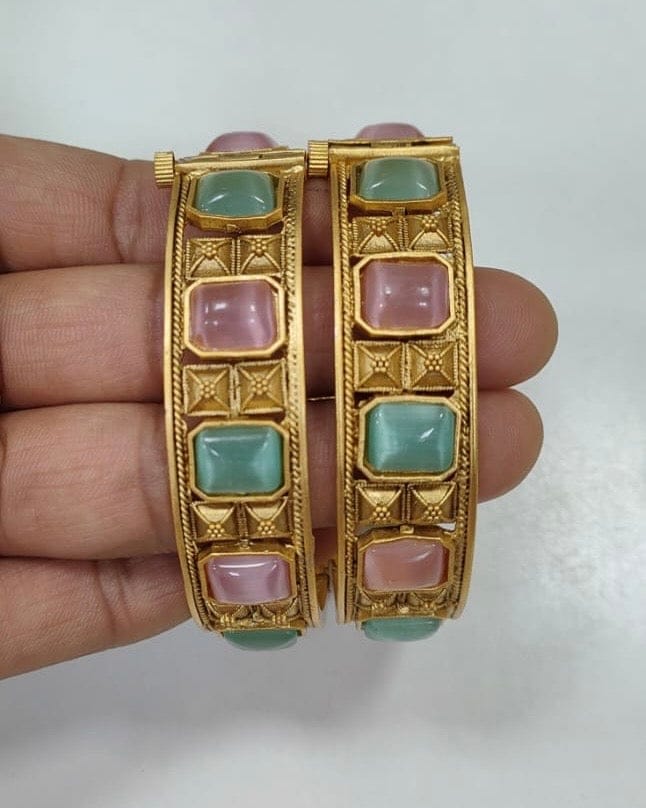 Antique Pink Green Stone Bangle Pair (Size 2.6)