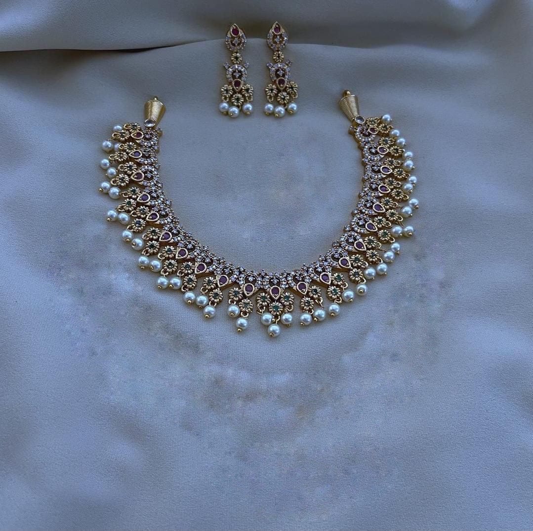Floral AD Stone Pearl Drop Choker Set