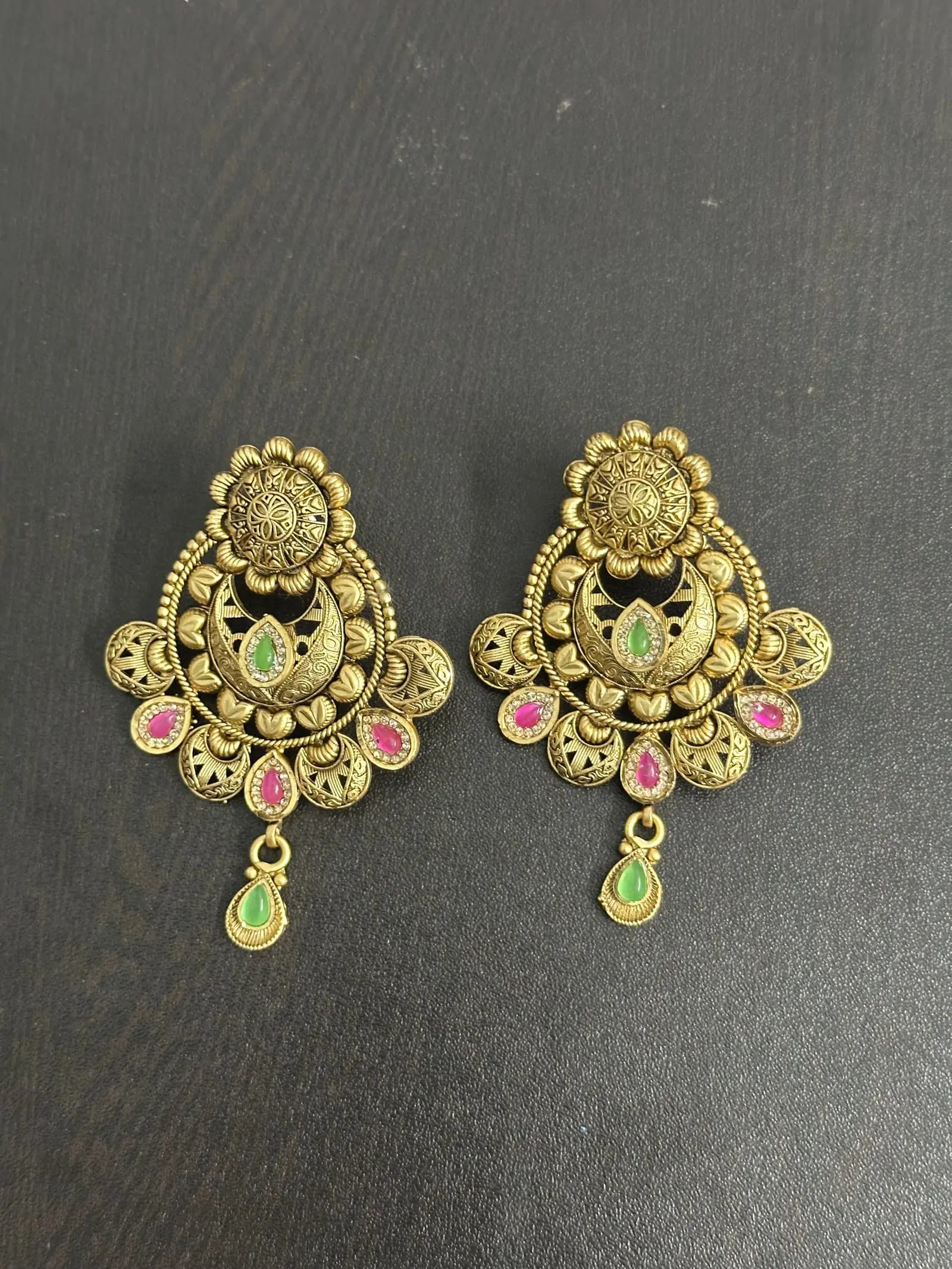 Antique Floral Drop Earrings with Pink and Green Stones
