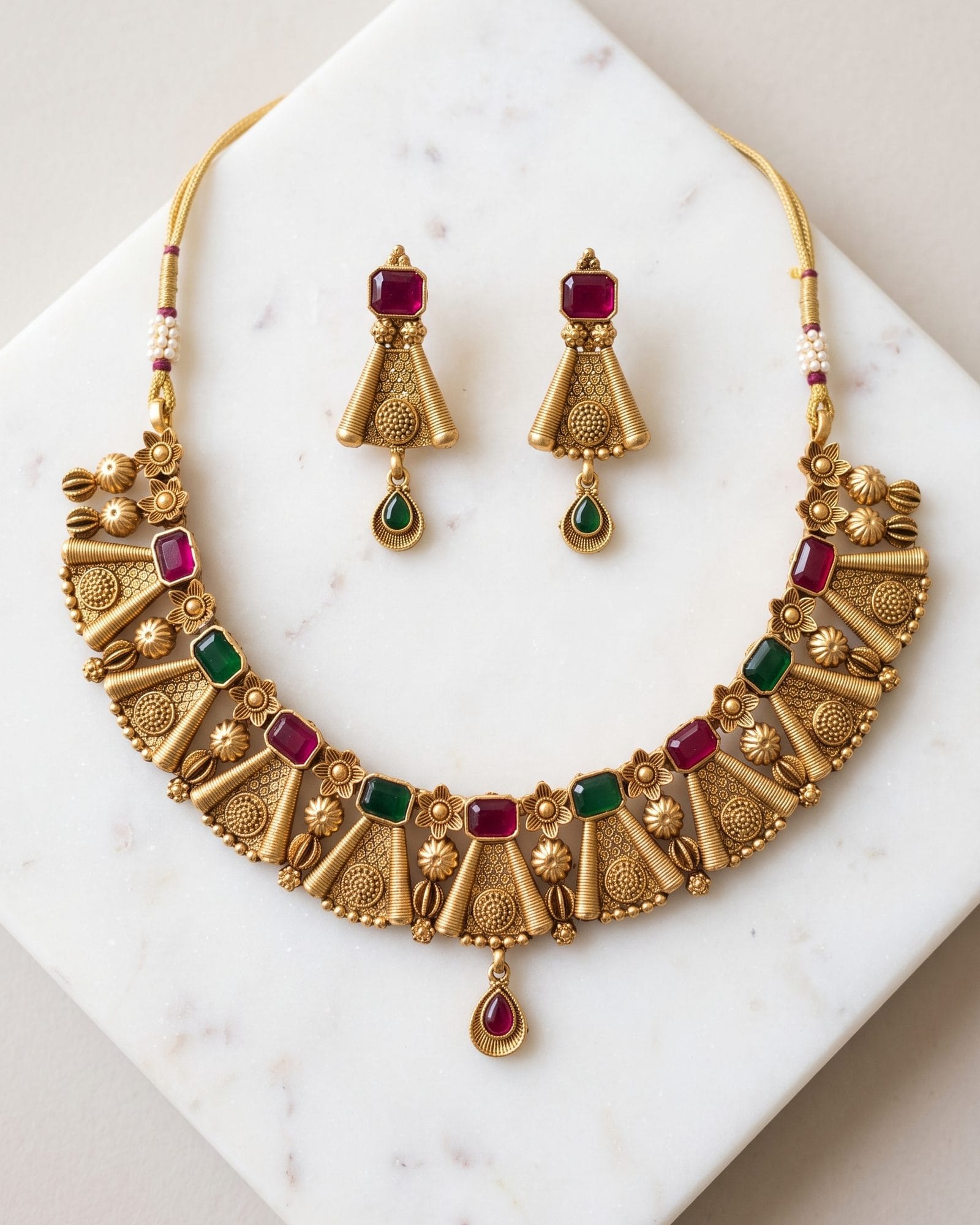 Antique Fluted Red Green Stone Choker Set laid on white marble