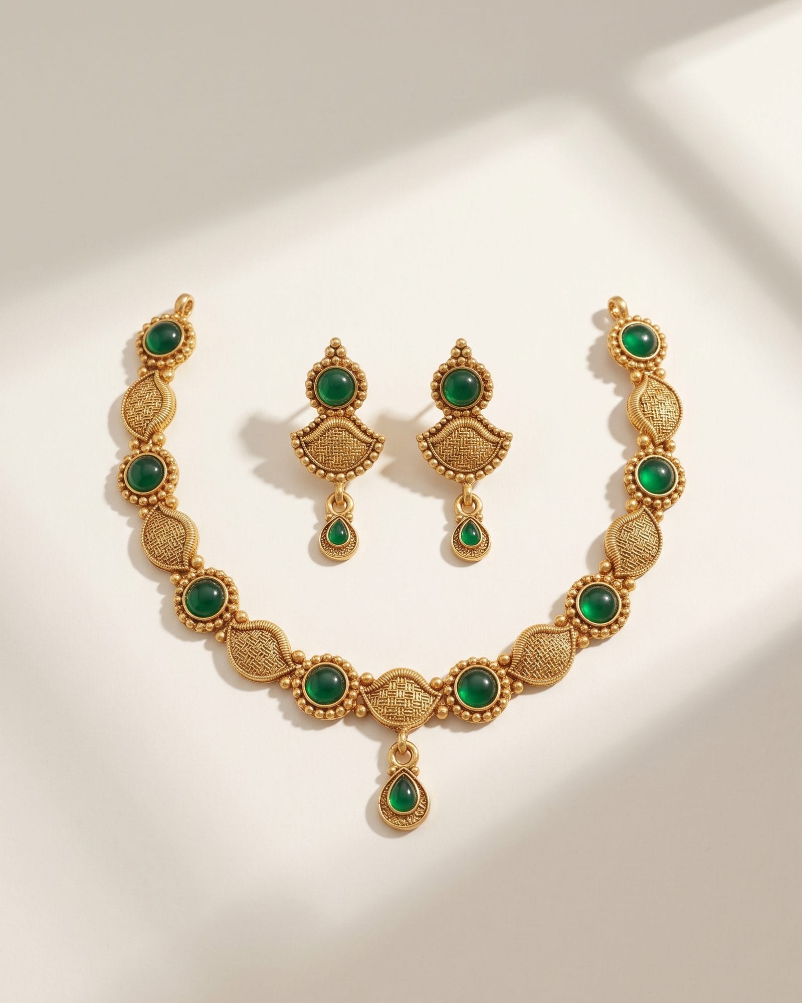 Green Stone Antique Choker Set laid on white marble