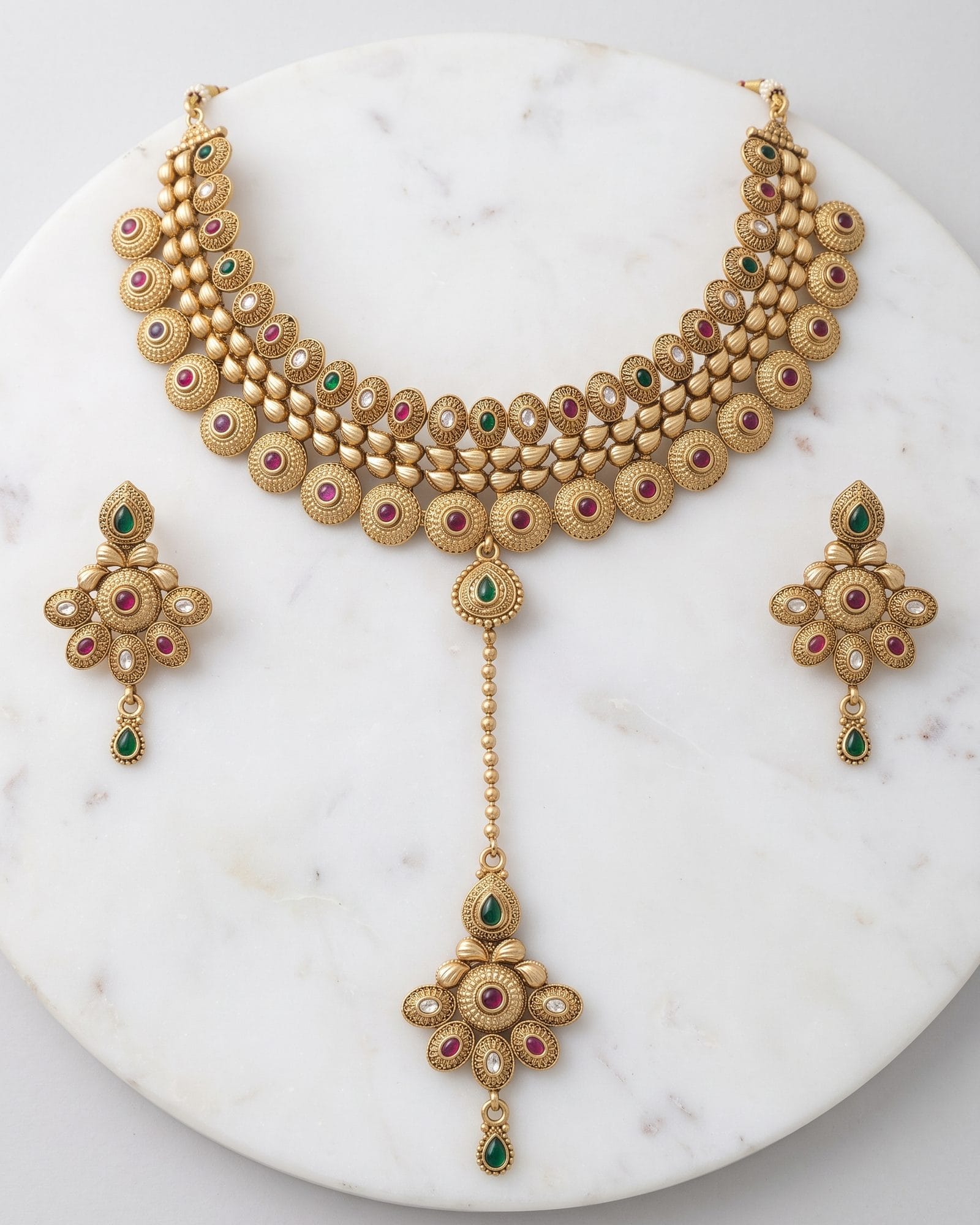 Antique Multicolour Stone Drop Choker Set laid on white marble