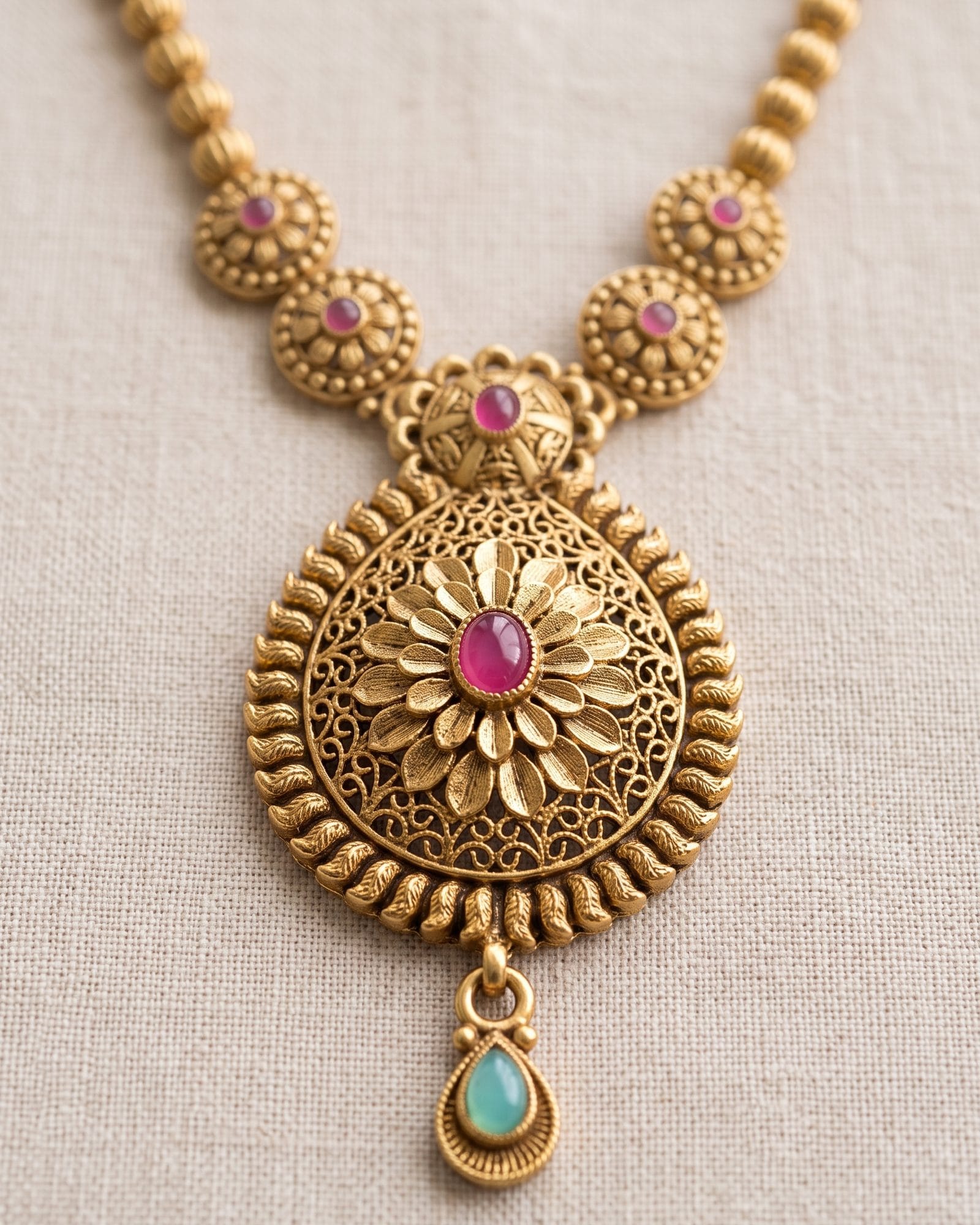 Antique Floral Teardrop Pendant Long Necklace, close-up of the detail