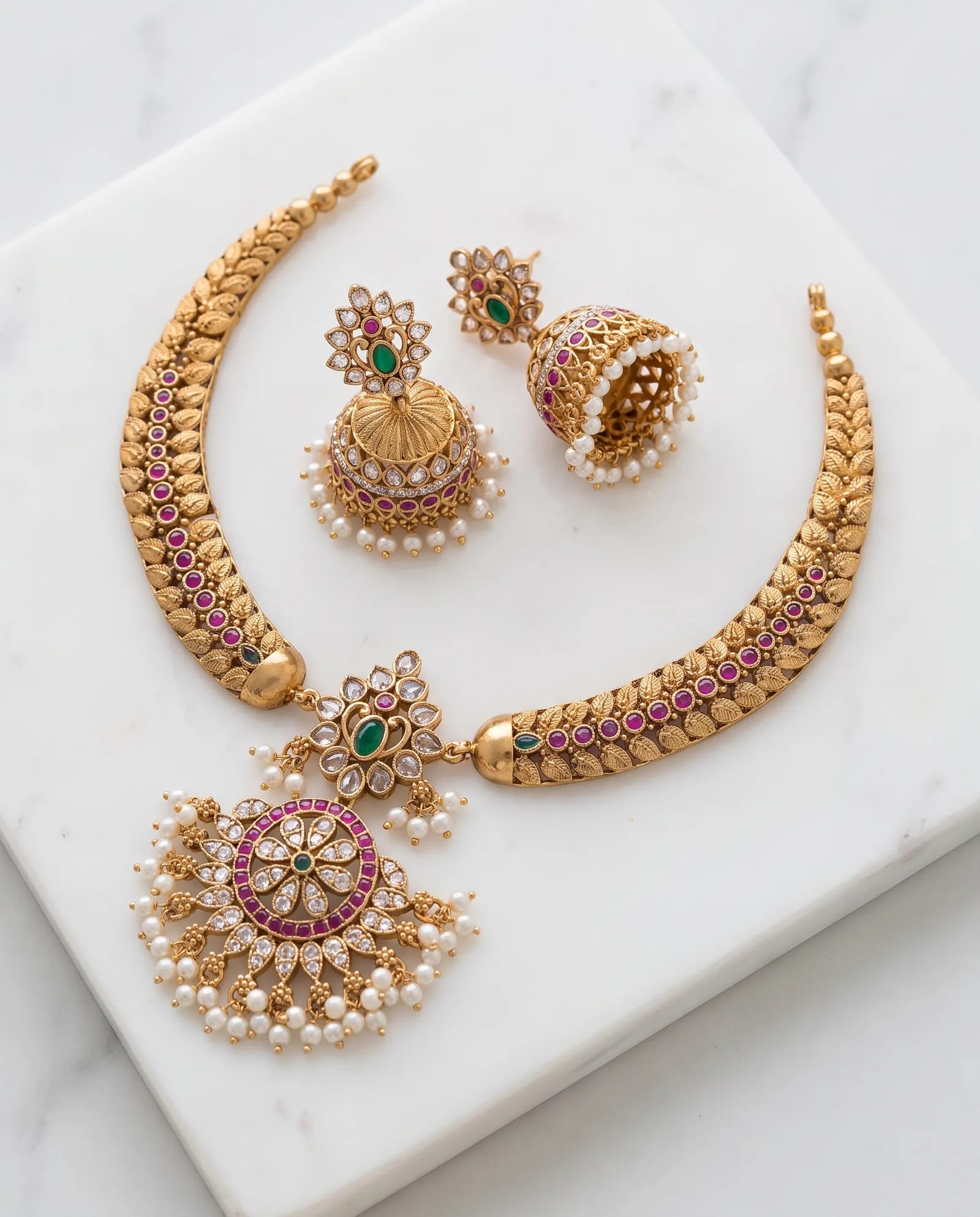Tara Jhumka Set laid on white marble
