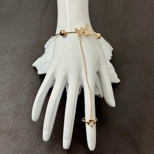 Gold-tone anti-tarnish hand harness bracelet with clear crystal motif and flower ring
