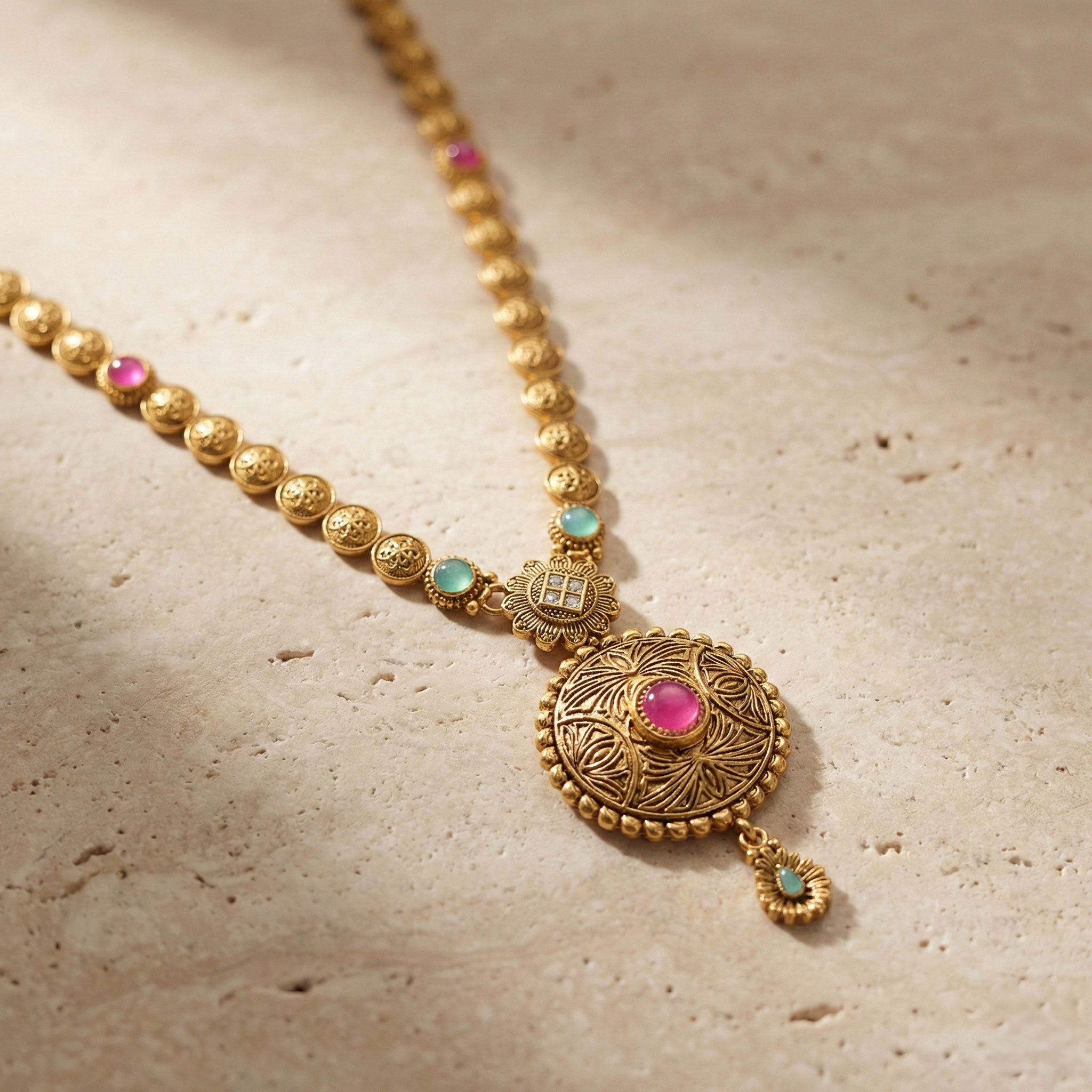 Antique gold floral coin necklace with pink and mint green stones and filigree pendant.