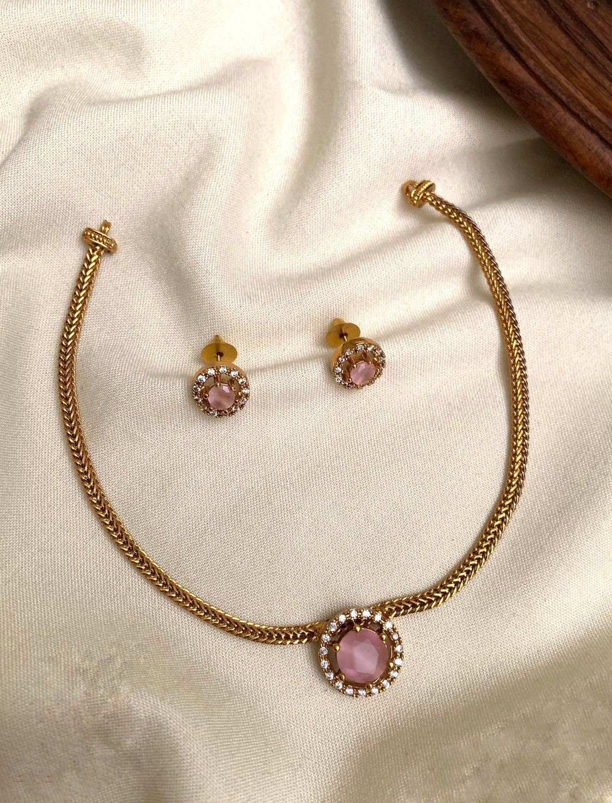 pink stone necklace set, rose gold halo chain, delicate jewellery for women.
