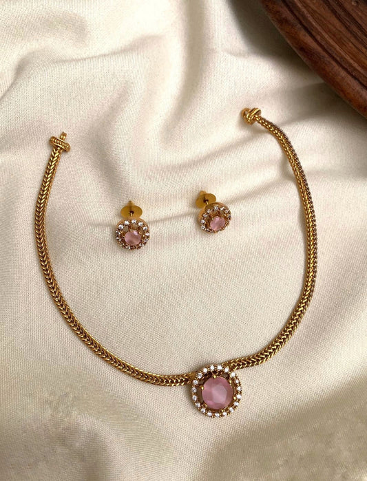 pink stone necklace set, rose gold halo chain, delicate jewellery for women.
