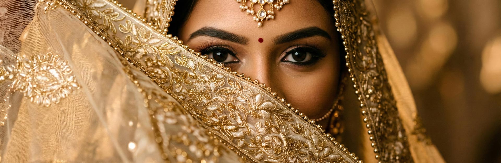 Close-up of Indian bride wearing traditional gold Kundan maang tikka and bridal jewelry set under embroidered veil.